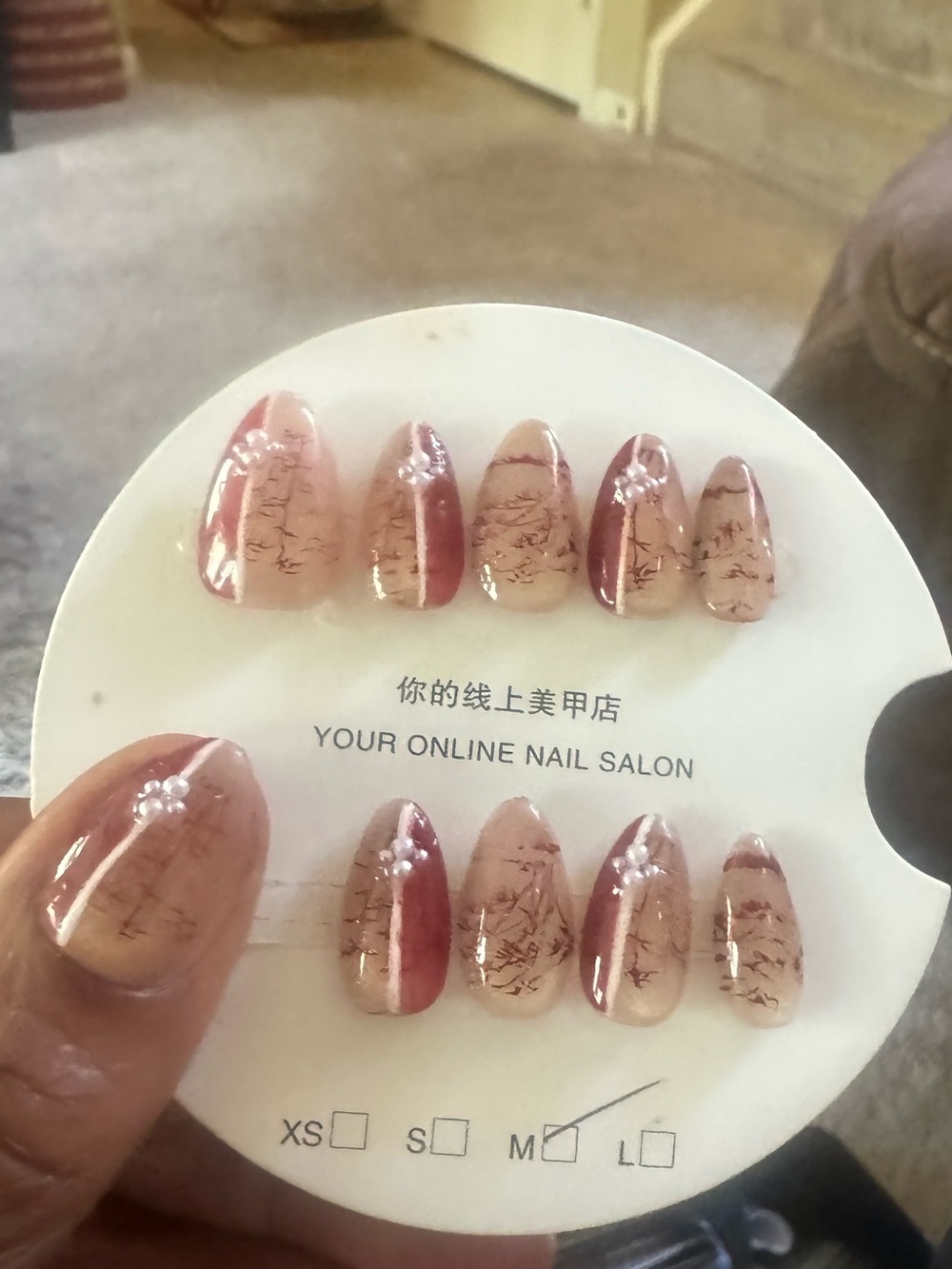 Shimmery Neutral Press-On Nail Set with Deep Rose Pink Design (Short Almond)